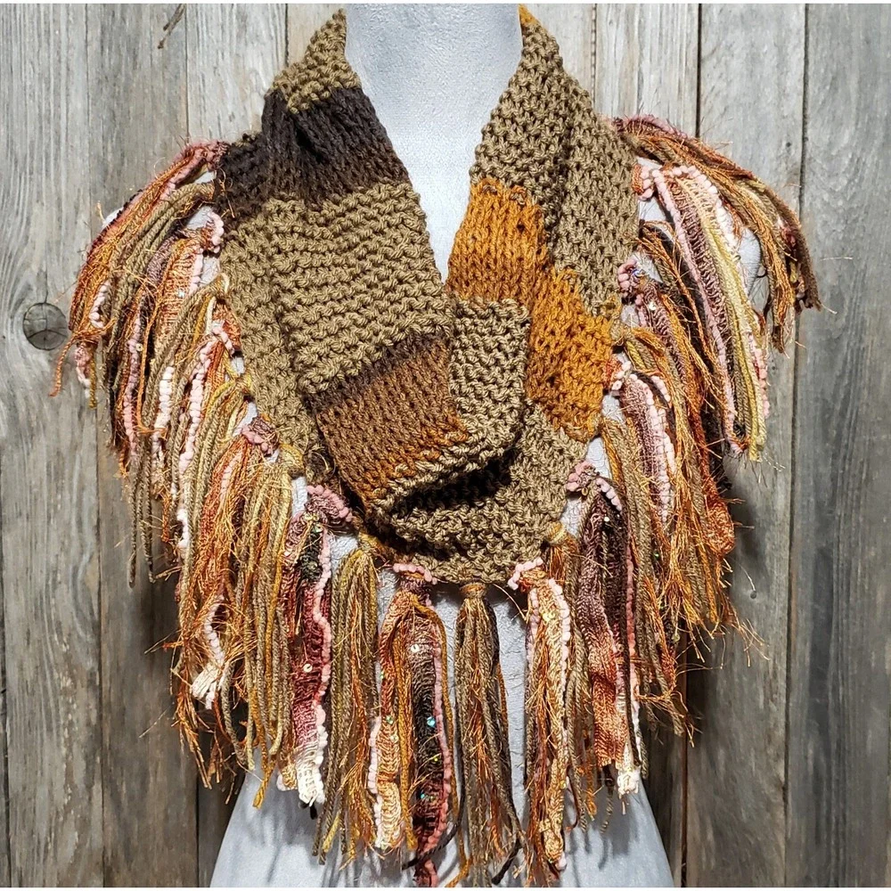 NEW Hand Knitted Boho Cowl Scarf Brown Orange Cottage‎ Cabin Artsy Indie Earthy